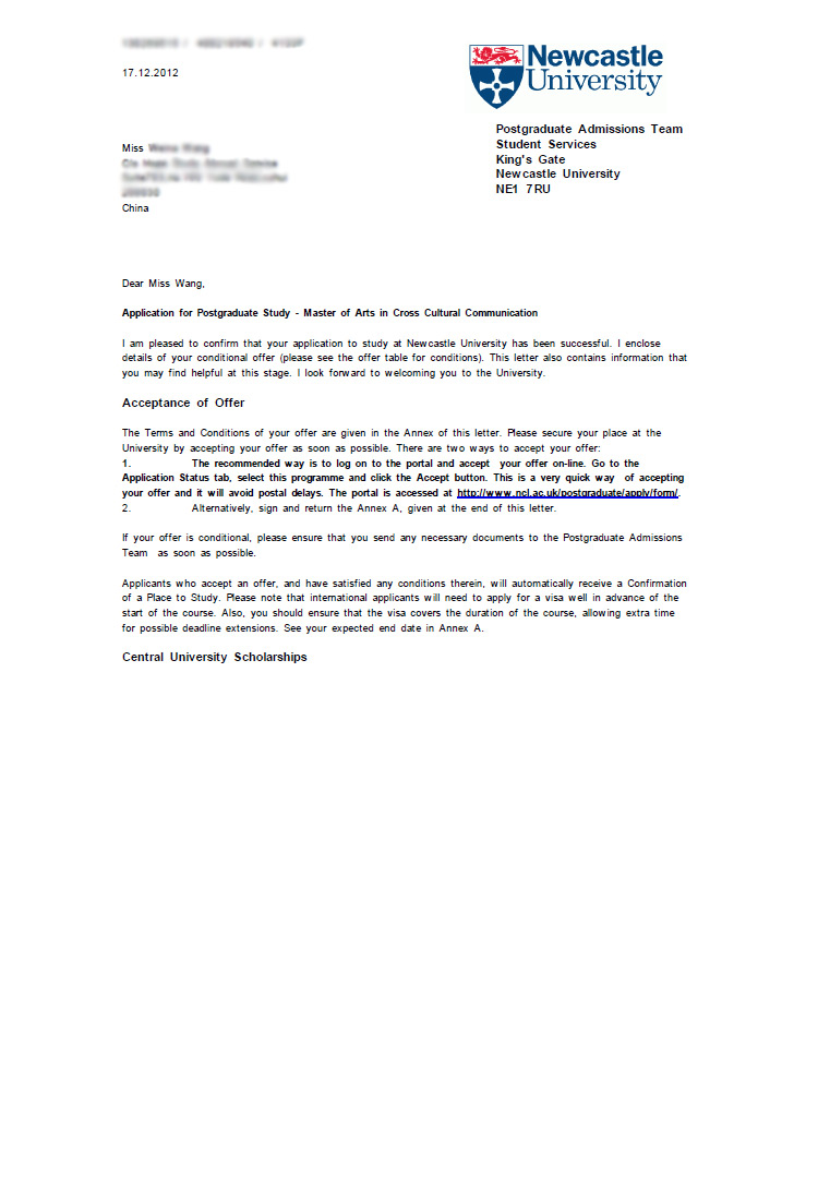 恭喜這位同學(xué)被英國紐卡斯?fàn)柎髮W(xué)跨文化交流（碩士）專業(yè)錄取-優(yōu)越教育