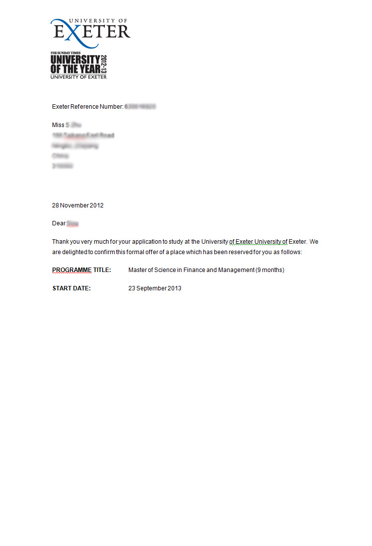 恭喜這位同學(xué)被埃克塞特大學(xué)金融和管理專業(yè)錄取-優(yōu)越教育