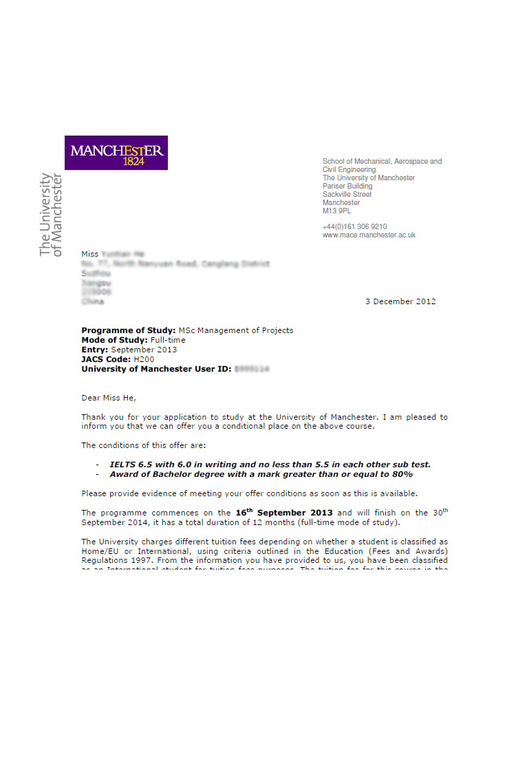 恭喜這位同學(xué)成功被曼徹斯特大學(xué)工程項目管理專業(yè)錄取-優(yōu)越教育