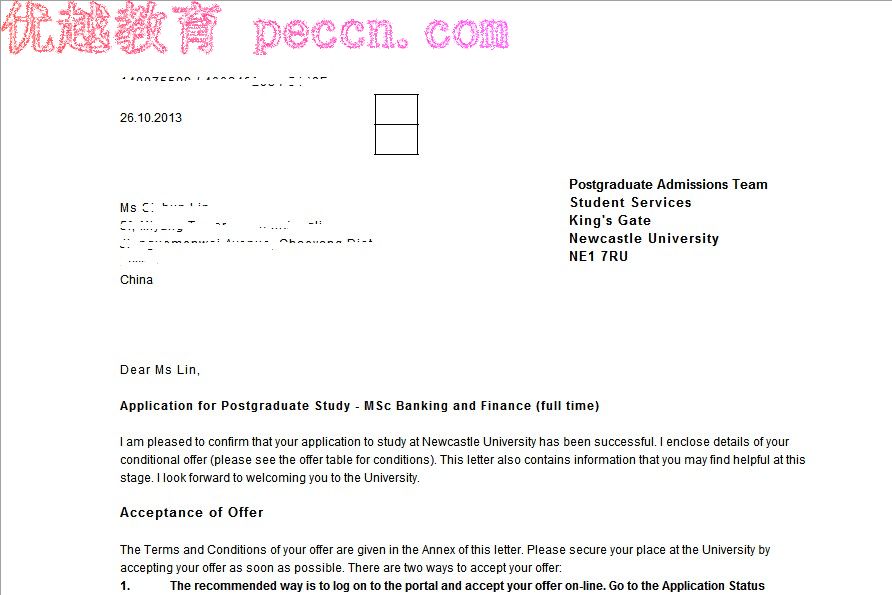 恭喜Lin同學成功申請到紐卡斯爾大學銀行與金融碩士專業-優越教育