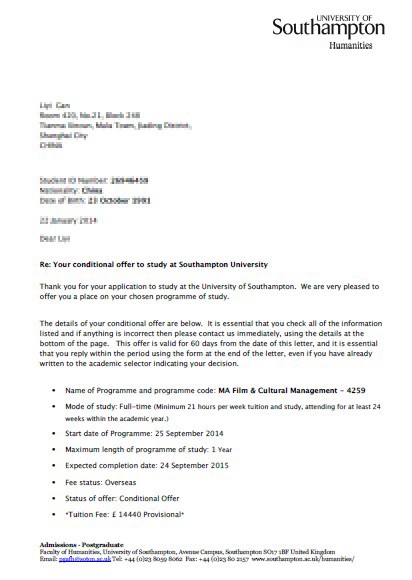 恭喜周同學(xué)成功申請(qǐng)到南安普頓大學(xué)研究生電影和文化管理專業(yè)-優(yōu)越教育