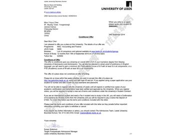 恭喜謝同學獲得利茲大學會計金融碩士通知書