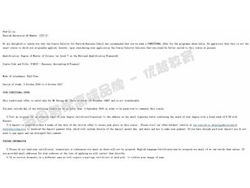 恭喜李同學(xué)獲得華威大學(xué)會(huì)計(jì)與金融專業(yè)碩士通知書