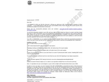 恭喜方同學(xué)獲得愛丁堡大學(xué)對外英語教學(xué)專業(yè)碩士通知書