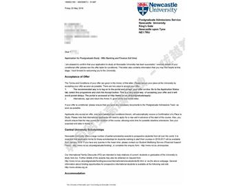  恭喜秦同學(xué)獲得紐卡斯?fàn)柎髮W(xué)銀行與金融專業(yè)碩士通知書