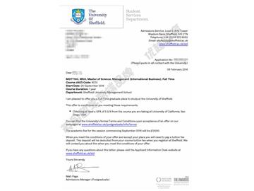 恭喜林同學(xué)獲得謝菲爾德大學(xué)管理學(xué)專(zhuān)業(yè)碩士通知書(shū)