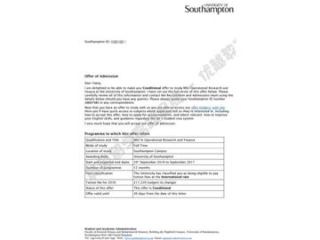 恭喜齊同學(xué)獲得南安普頓大學(xué)運(yùn)籌學(xué)與金融專(zhuān)業(yè)碩士通知書(shū)