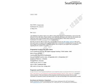  恭喜于同學(xué)獲得南安普頓大學(xué)對(duì)外英語(yǔ)教學(xué)研究專(zhuān)業(yè)碩士通知書(shū)