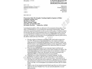 恭喜曲同學(xué)獲得伯明翰大學(xué)對(duì)外英語(yǔ)教學(xué)專(zhuān)業(yè)碩士通知書(shū)