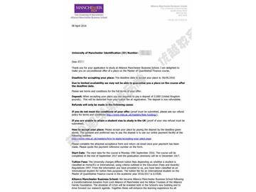恭喜謝同學(xué)獲得曼徹斯特大學(xué)計量金融專業(yè)碩士通知書