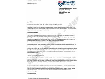 恭喜鄭同學(xué)獲得紐卡斯?fàn)柎髮W(xué)語言學(xué)與對外英語教學(xué)專業(yè)碩士通知書