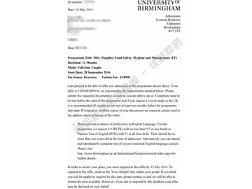 恭喜丁同學(xué)獲得伯明翰大學(xué)食品安全：衛(wèi)生與管理專業(yè)碩士通知書
