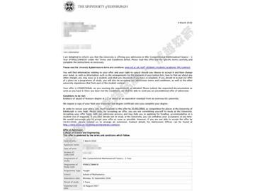  恭喜劉同學獲得愛丁堡大學計算數學金融專業碩士通知書
