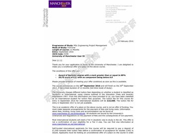 恭喜趙同學獲得曼徹斯特大學工程項目管理專業(yè)碩士通知書