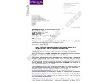 恭喜黃同學(xué)獲得曼徹斯特大學(xué)項(xiàng)目管理專業(yè)碩士通知書