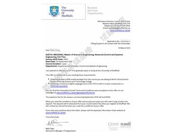 恭喜丁同學(xué)獲得謝菲爾德大學(xué)自動(dòng)化控制工程專業(yè)碩士通知書