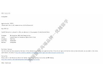 恭喜江同學獲得卡迪夫大學新聞、媒體與通信專業碩士通知書