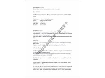 恭喜張同學獲得卡迪夫大學藥物化學專業(yè)碩士通知書