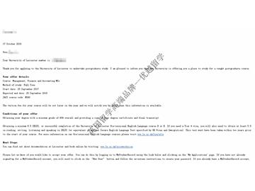 恭喜黃同學獲得萊斯特大學管理、金融與會計專業(yè)碩士通知書