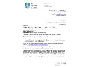 恭喜方同學(xué)獲得謝菲爾德大學(xué)金融與會(huì)計(jì)專(zhuān)業(yè)碩士通知書(shū)
