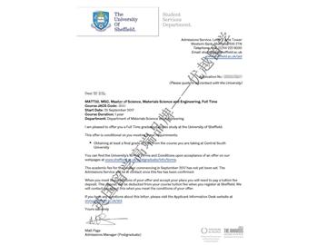 恭喜安同學獲得謝菲爾德大學材料科學與工程專業(yè)碩士通知書