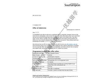 恭喜蘇同學獲得南安普頓大學計算機科學專業(yè)碩士通知書