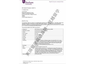 恭喜胡同學獲得杜倫大學國防、發展與外交專業碩士通知書