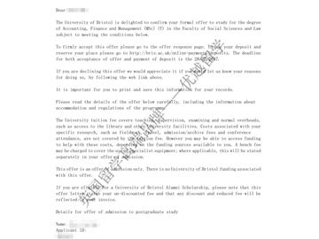 恭喜江同學獲得布里斯托大學會計、金融與管理專業碩士通知書