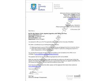 恭喜趙同學獲得謝菲爾德大學對外英語教學及應用語言學專業碩士通知書