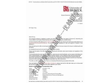 恭喜吳同學獲得布里斯托大學經(jīng)濟、會計與金融專業(yè)碩士通知書
