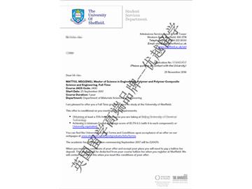 恭喜楊同學獲得謝菲爾德大學高分子與高分子復合材料工程專業(yè)碩士通知書