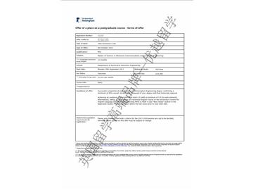 恭喜許同學獲得諾丁漢大學電子通信與計算機工程專業(yè)碩士通知書