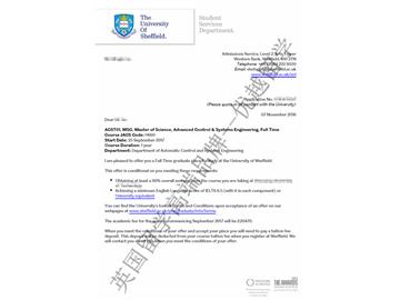 恭喜寧同學獲得謝菲爾德大學高等控制與系統(tǒng)工程專業(yè)碩士通知書