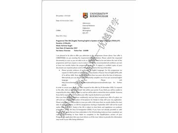 恭喜毛同學獲得伯明翰大學對外英語教學專業碩士通知書