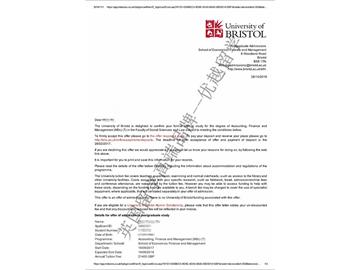 恭喜薛同學獲得布里斯托大學會計、金融與管理專業碩士通知書