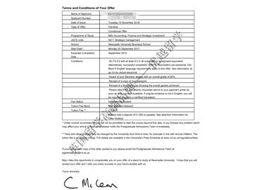 恭喜季同學獲得紐卡斯爾大學會計、金融與戰(zhàn)略投資專業(yè)碩士通知書