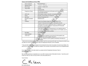 恭喜于同學獲得紐卡斯爾大學國際發(fā)展與跨文化教育專業(yè)碩士通知書