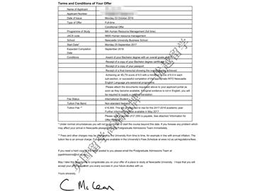 恭喜江同學獲得紐卡斯爾大學人力資源管理專業(yè)碩士通知書