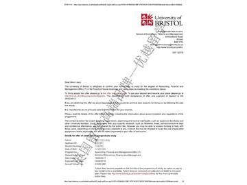 恭喜季同學獲得布里斯托大學會計、金融與管理專業碩士通知書