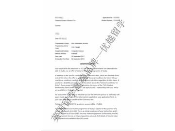 恭喜朱同學獲得倫敦大學學院信息安全專業碩士通知書