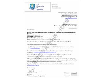 恭喜江同學獲得謝菲爾德大學電子電氣工程專業(yè)碩士通知書