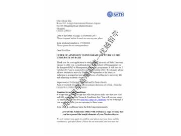 恭喜丁同學(xué)獲得巴斯大學(xué)管理學(xué)專業(yè)博士通知書