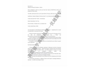 恭喜丁同學(xué)獲得華威大學(xué)食品安全專業(yè)碩士通知書