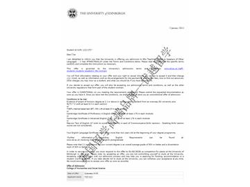 2018offer；恭喜胡同學(xué)獲得愛丁堡大學(xué)對(duì)外英語教學(xué)專業(yè)碩士通知書