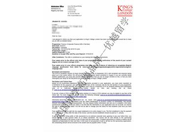 2018offer：恭喜張同學(xué)獲得倫敦大學(xué)國(guó)王學(xué)院金融專業(yè)碩士通知書