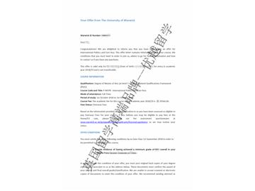 2018offer：恭喜丁同學(xué)獲得華威大學(xué)國(guó)際政治與東亞專業(yè)碩士通知書