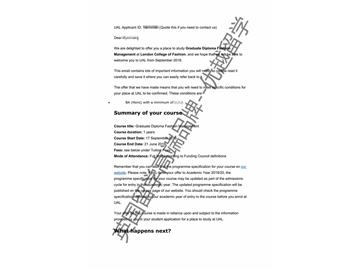 2018offer：恭喜朱同學(xué)獲得倫敦藝術(shù)大學(xué)時(shí)尚管理專(zhuān)業(yè)碩士通知書(shū)