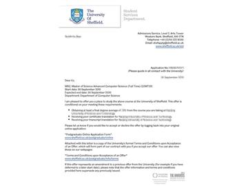 2019offer：恭喜方同學獲得謝菲爾德大學高級計算機科學專業碩士通知書