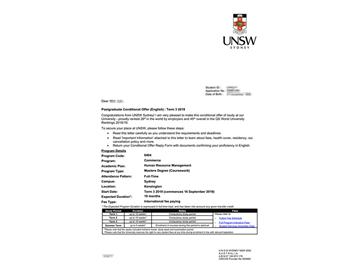 2019offer：恭喜曹同學獲得新南威爾士大學人力資源管理專業碩士通知書