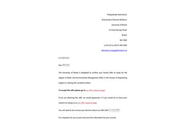 2019offer：恭喜孫同學(xué)獲得布里斯托大學(xué)水環(huán)境管理專業(yè)碩士通知書